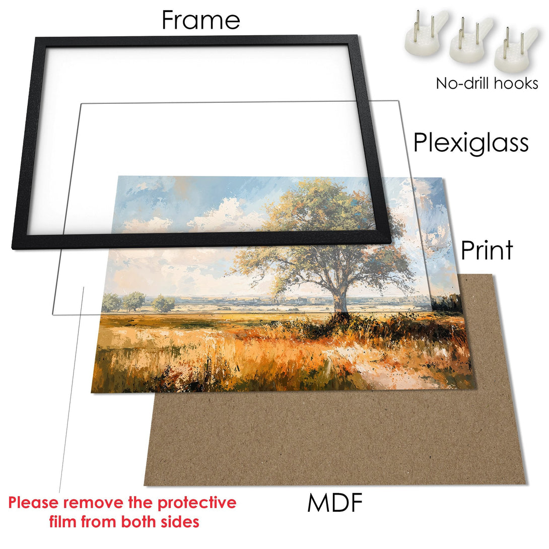 Framed Poster of a landscape painting with a tree. Warm, earthy tones with blue sky. Perfect wall art for your home!