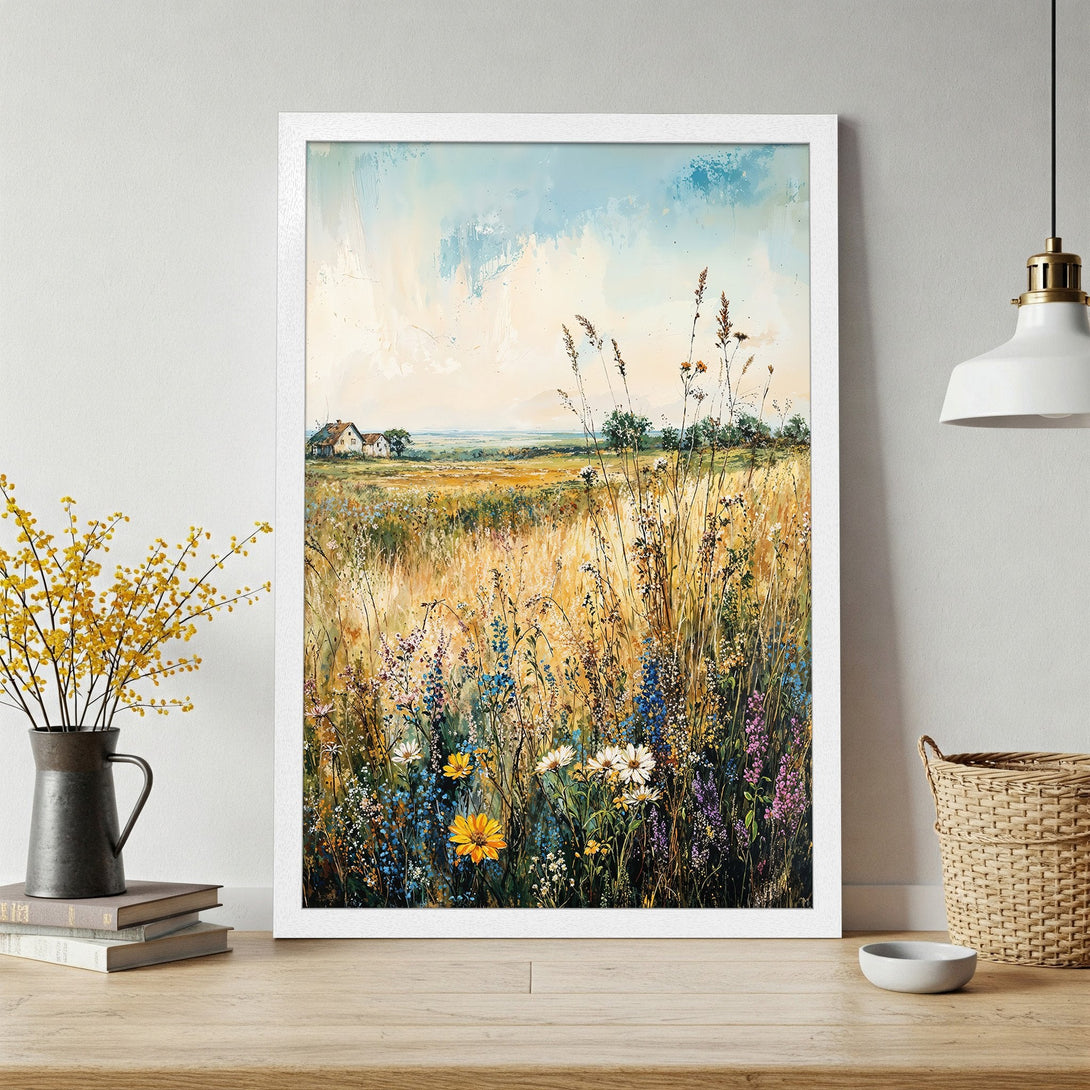 Framed Poster of a vibrant field painting in impressionist style, featuring wildflowers and a warm color palette. Perfect wall art!