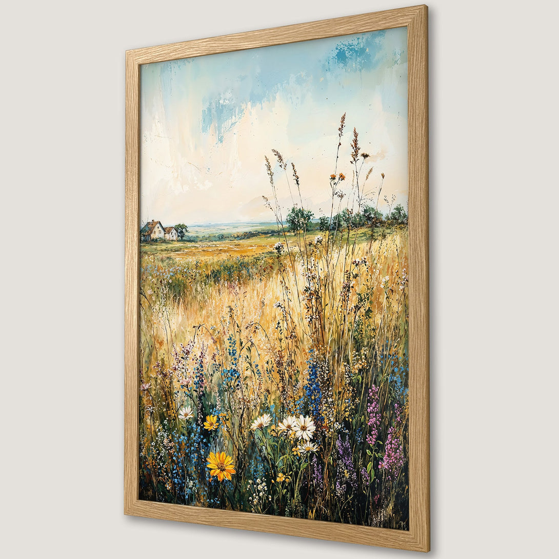 Framed Poster of a vibrant meadow landscape painting. Features wildflowers, a house, and a warm, natural color palette. Perfect wall art.