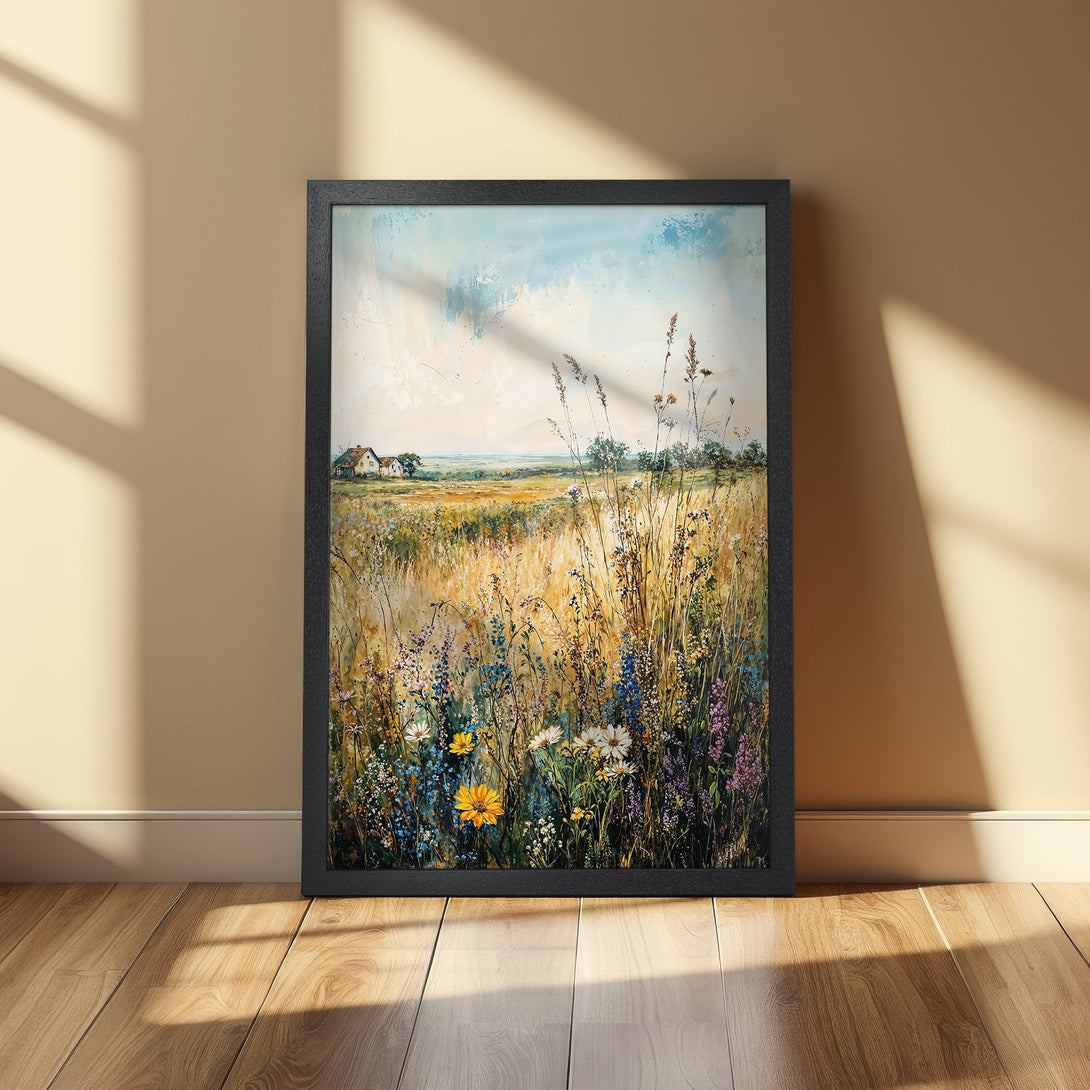 Framed Poster featuring a vibrant field landscape painting with a warm, earthy color palette. Perfect art for your home!