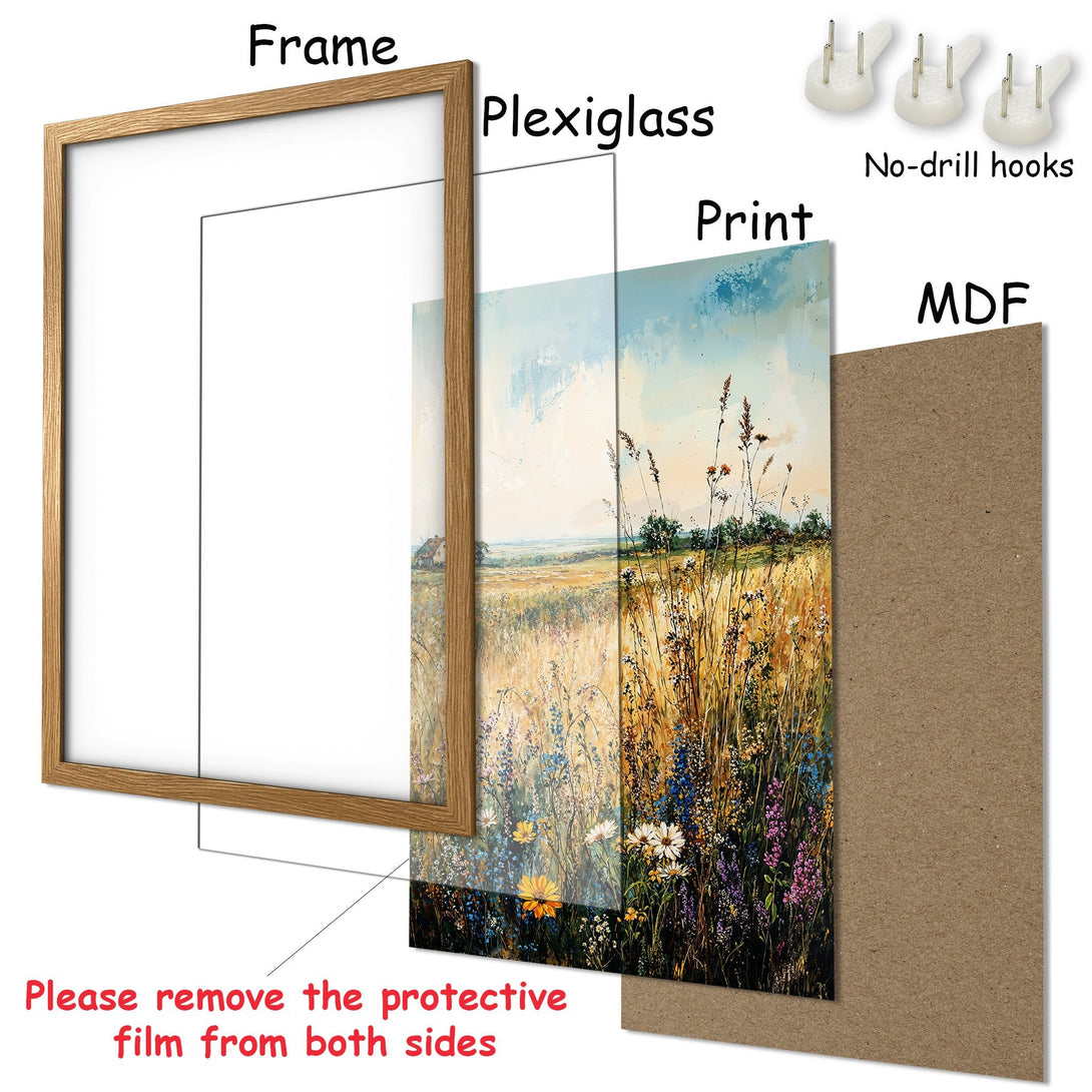 Framed Poster of a serene field landscape in warm tones. Featuring wildflowers and a farmhouse. Perfect wall art!