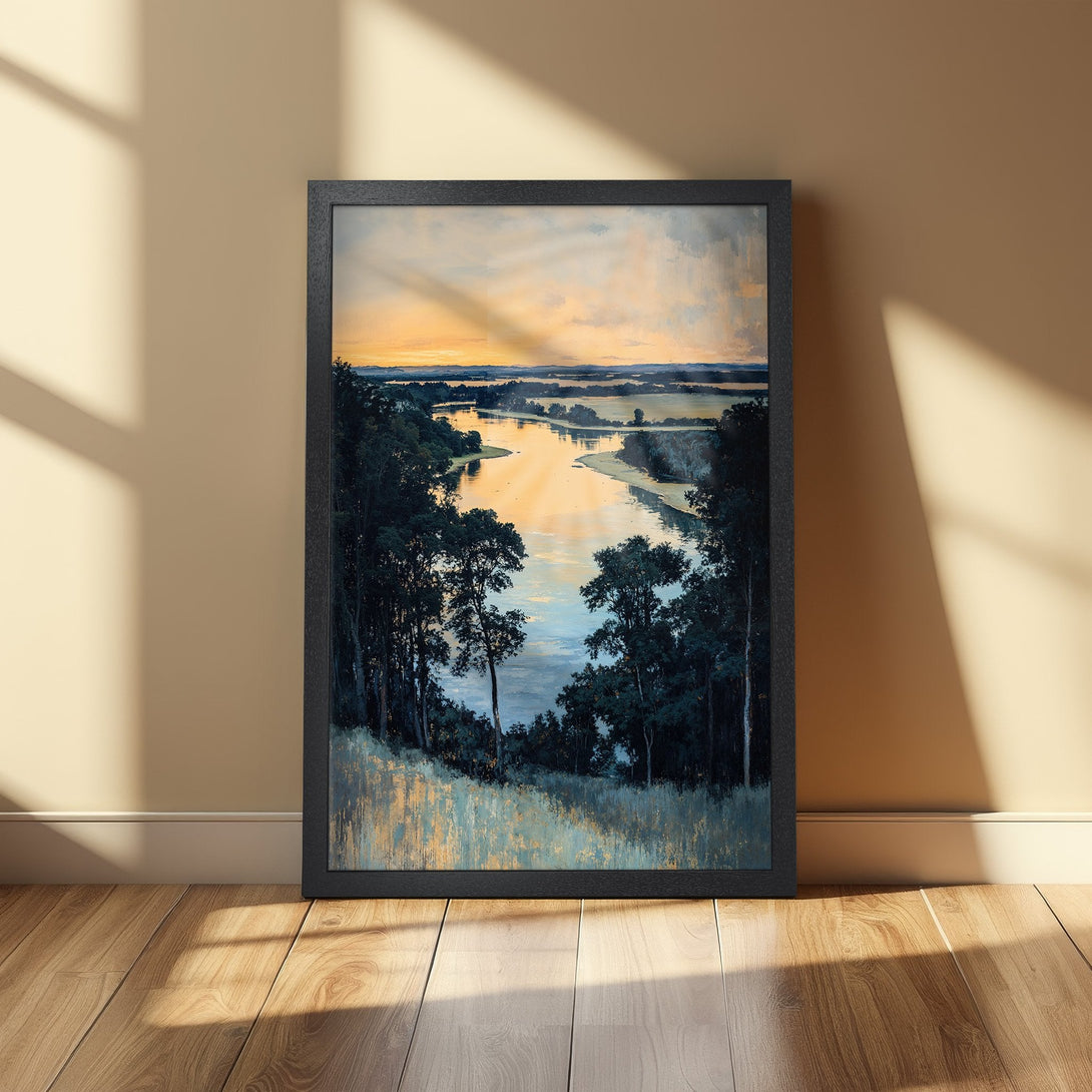 Framed Poster of a serene river landscape painting. Features a dark forest, warm sunset hues, and a calming blue palette. Perfect wall art!