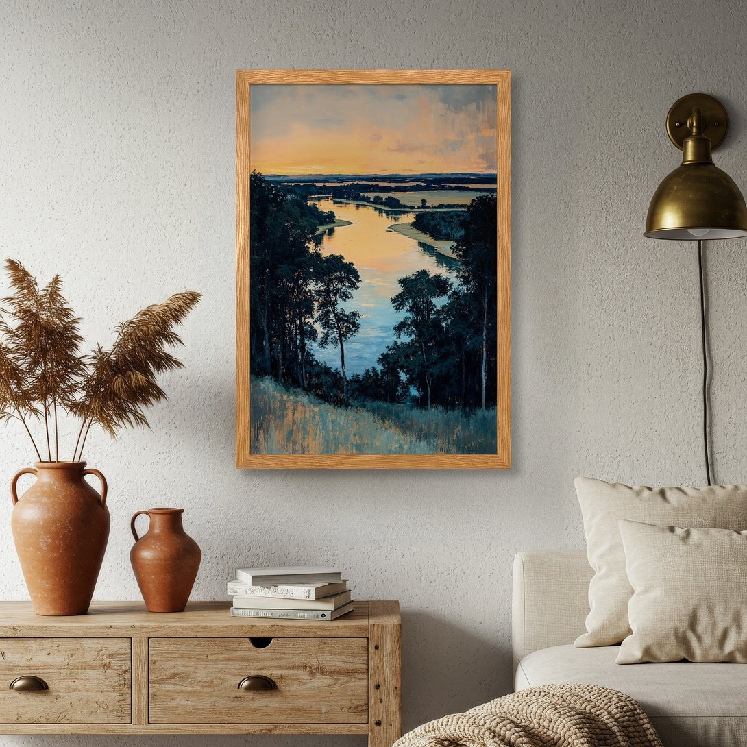 Framed Poster of a serene river landscape in a warm, muted color palette. Perfect wall art for any home.