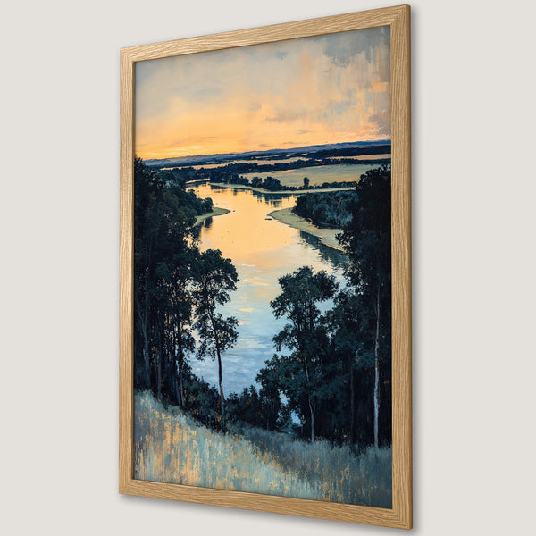 Framed Poster of a serene river landscape painting in a classic style, featuring a warm sunset color palette.