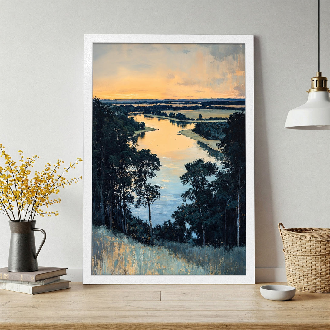 Framed Poster of a serene landscape painting with a river, trees, and sunset in a blue and gold color palette.