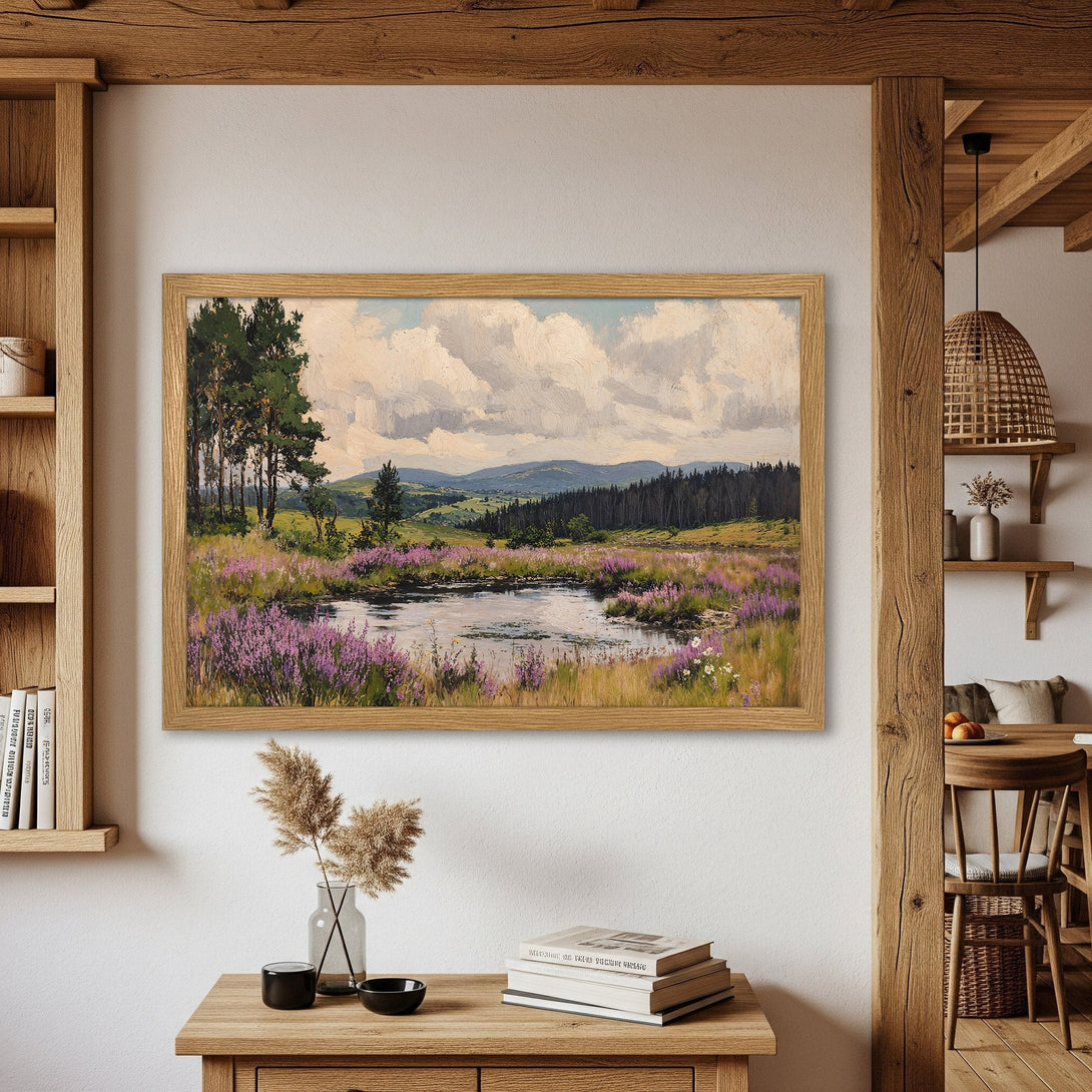 Framed Poster of a serene landscape painting with a pond, featuring a soft, impressionistic style and a natural color palette.