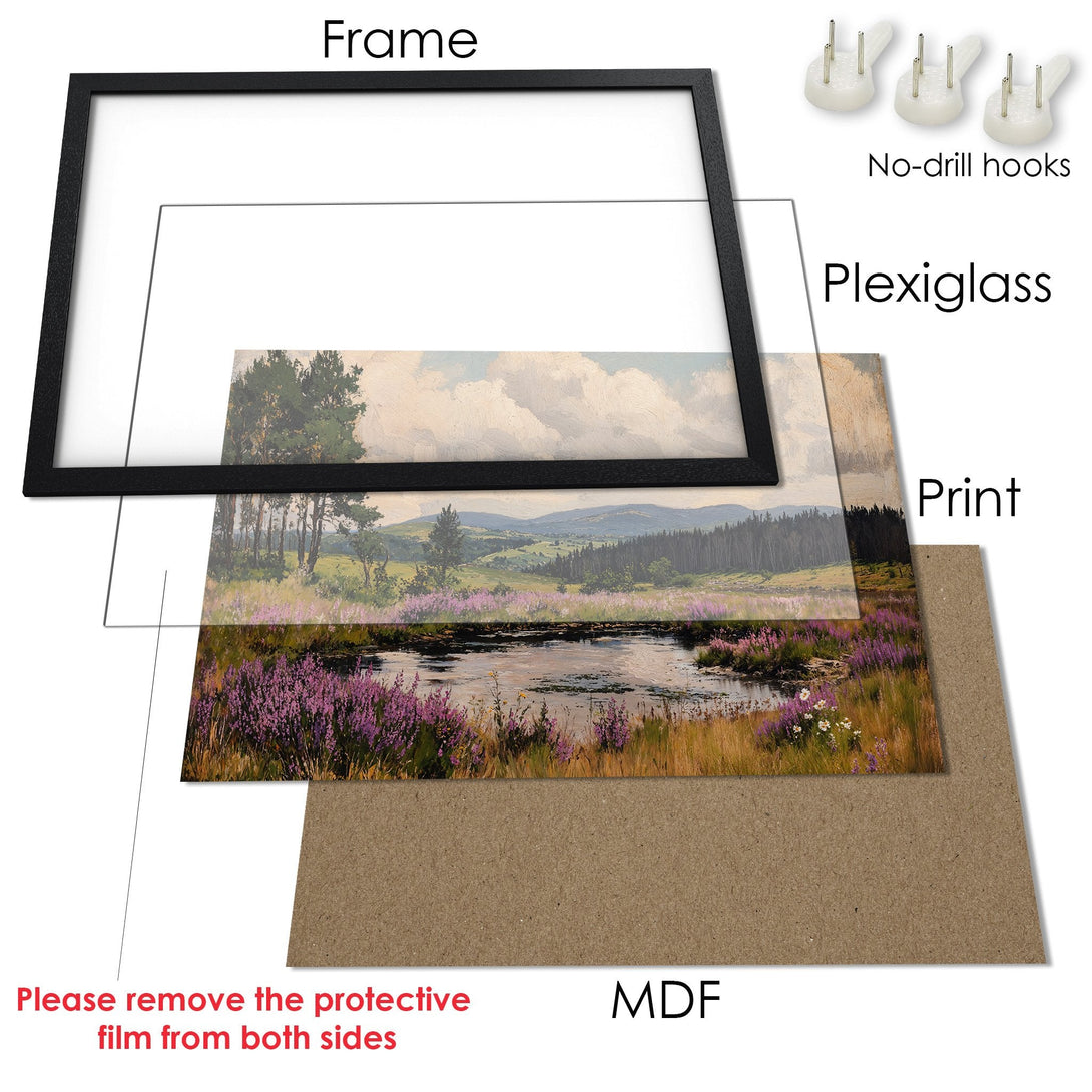 Framed Poster of a serene landscape painting in a black frame. Features a natural color palette with purples, greens, and blues. Perfect wall art!