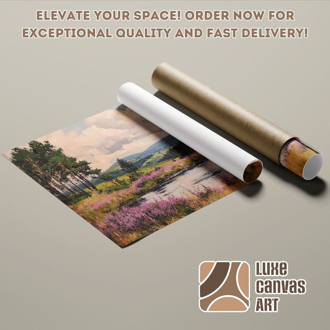 Landscape Poster Roll, impressionist style, featuring a serene nature scene with pink and green hues.
