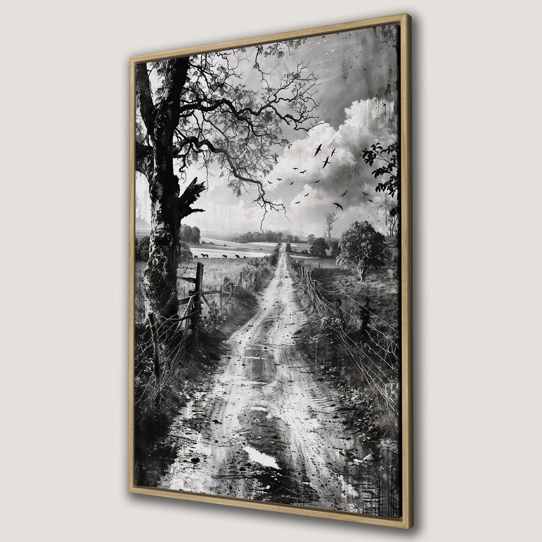 Framed Wall Art: Black and white landscape Canvas Print featuring a rural road, trees, and sky. Perfect for farmhouse decor.