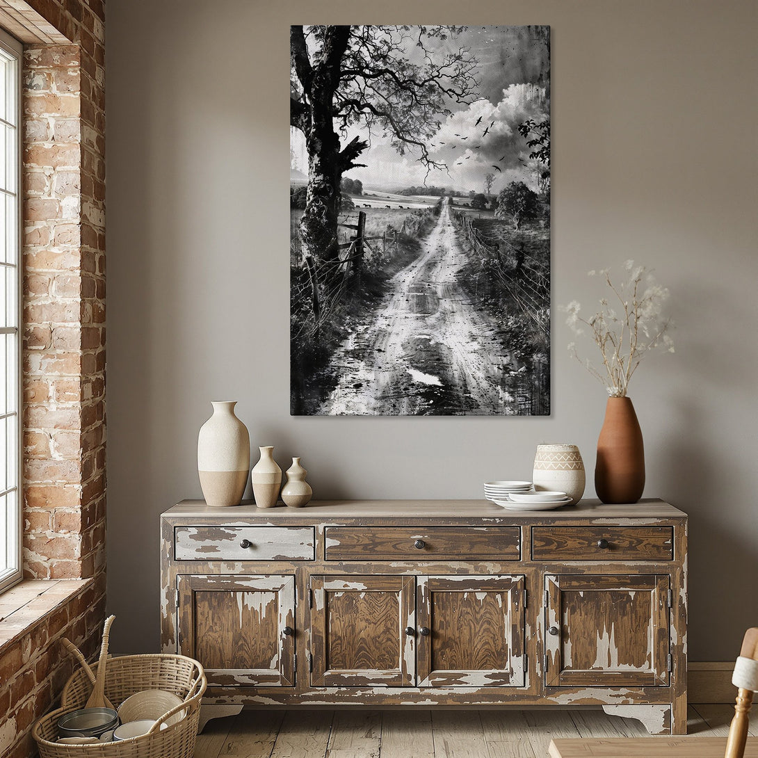 Framed Wall Art: Black and white landscape Canvas Print. Rustic country road scene with tree. Neutral color palette, perfect for dining room decor.