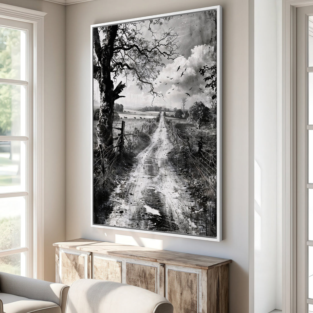 Framed Wall Art: Black and white landscape Canvas Print featuring a dirt road, trees, and birds. Perfect for rustic and farmhouse decor.