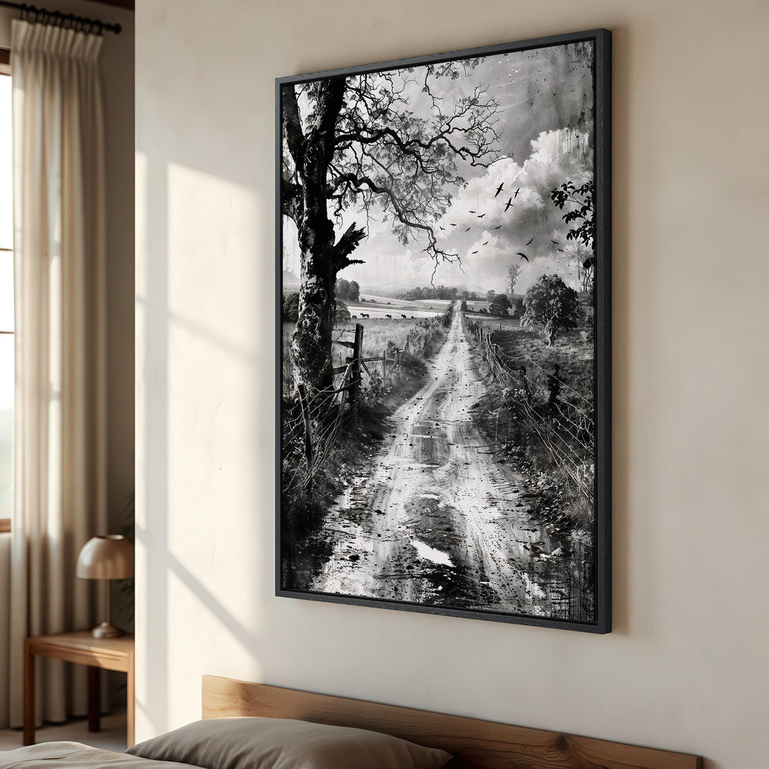 Framed Wall Art: Black and white landscape Canvas Print of a country road. Rustic, vintage style with a neutral color palette, perfect for home decor.