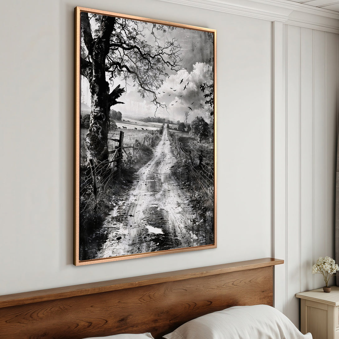 Framed Wall Art: Black & white landscape Canvas Print. Rustic road scene with tree & birds. Perfect for farmhouse decor. Neutral color palette.