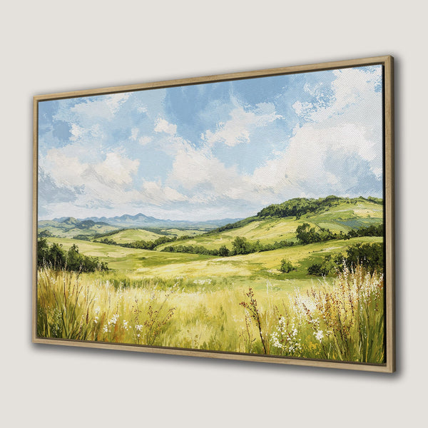 Framed Wall Art: Landscape painting of rolling green hills and blue sky. Impressionistic style with a warm, natural color palette. Perfect for any home.