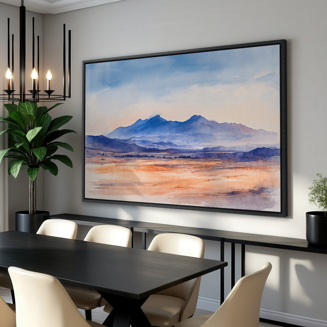 Framed Wall Art: Watercolor landscape Canvas Print with blue mountains and warm color palette. Perfect for modern home decor.