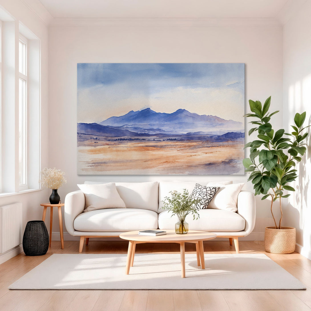 Framed Wall Art: Watercolor landscape Canvas Print in blue, orange, and gold. Modern art for home decor, perfect for living rooms.