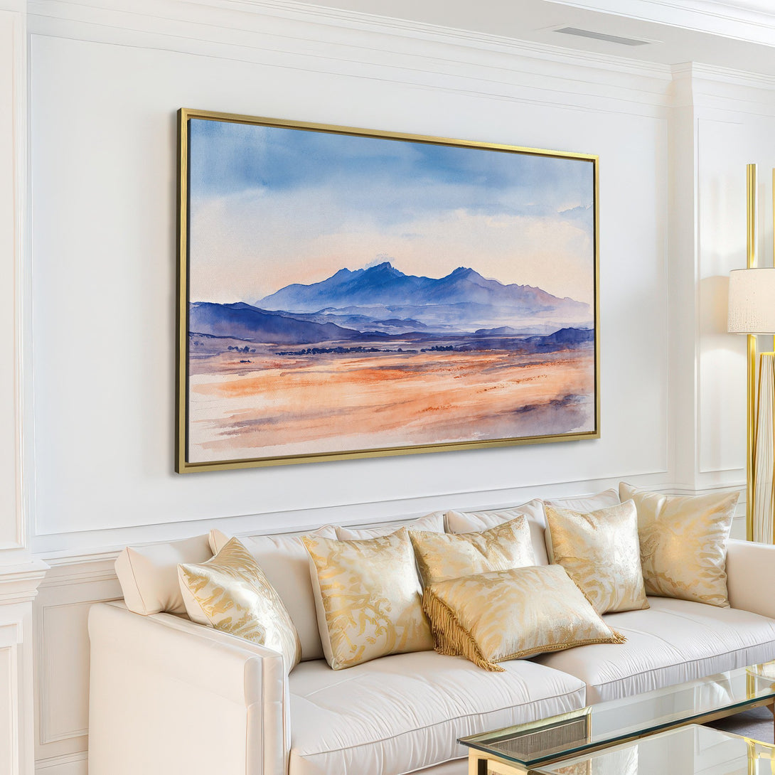 Canvas Print of a watercolor mountain landscape in blue and beige tones, adding a touch of serenity to any living room.