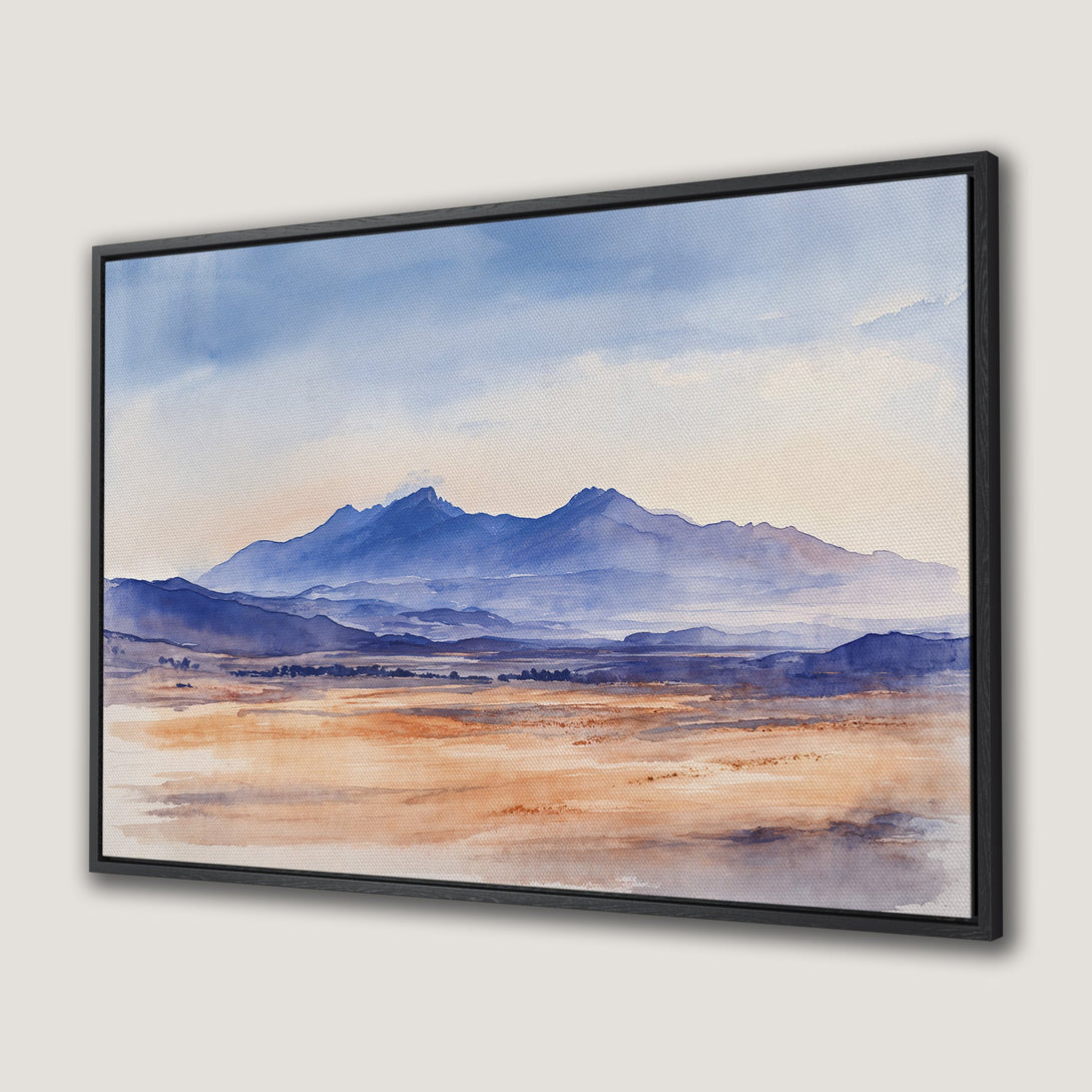 Framed Wall Art: Watercolor landscape Canvas Print featuring mountains in blue hues. Perfect for adding a touch of serenity to your home decor.