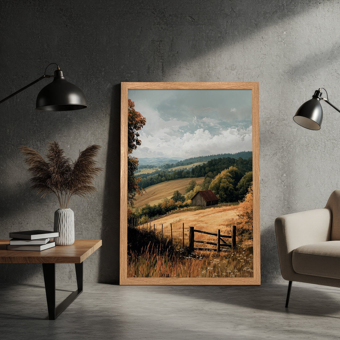 Framed Poster of a serene landscape with a barn. Warm color palette, artistic style, perfect for home decor.