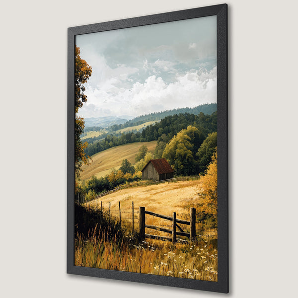 Framed Poster of a serene landscape with a barn, featuring a warm, autumnal color palette. Perfect wall art for a cozy home.