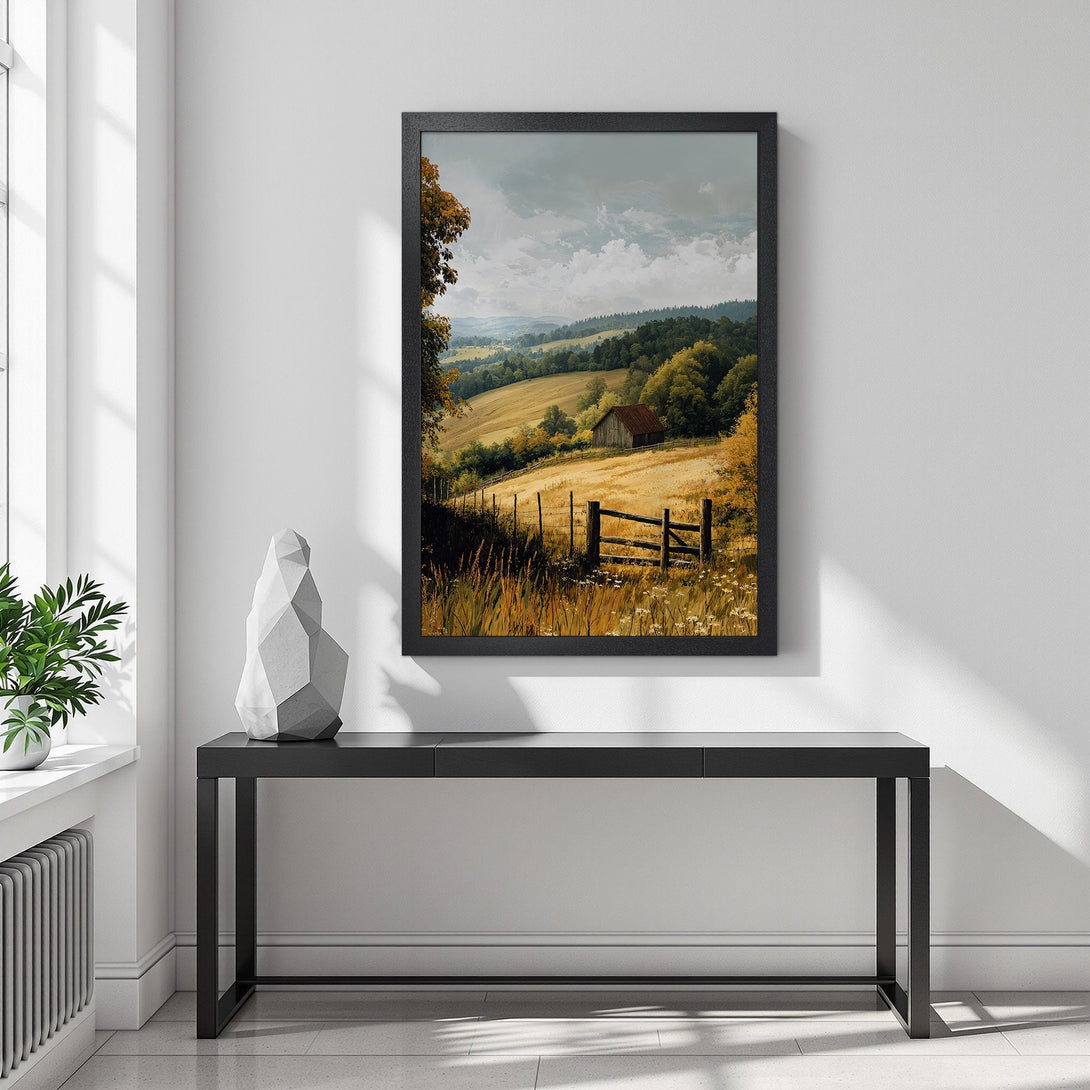 Framed Poster of a serene landscape painting with a warm, earthy color palette. Perfect wall art for a cozy home.