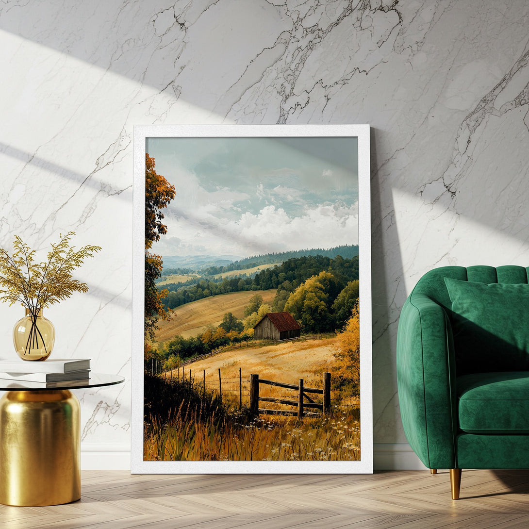 Framed Poster featuring a serene landscape painting. Warm, autumnal color palette with a barn in the center. Perfect wall art for your home.