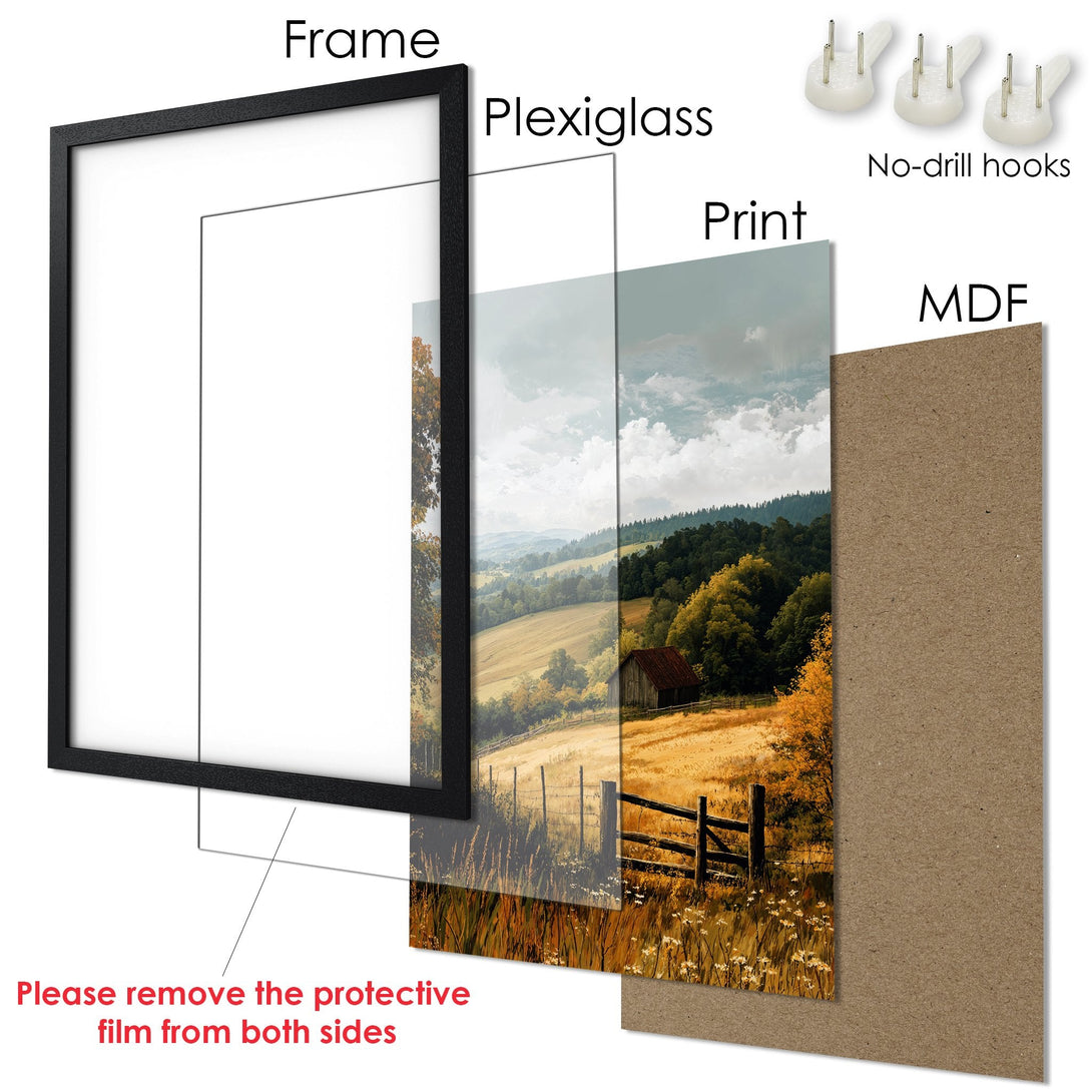 Framed Poster featuring a serene landscape painting in warm, earthy tones. Perfect wall art for your home.
