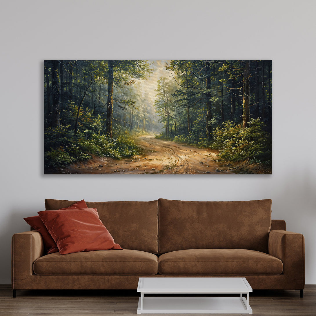 Framed Wall Art: Forest landscape Canvas Print with lush greens and warm earth tones, perfect for bringing nature's beauty indoors.