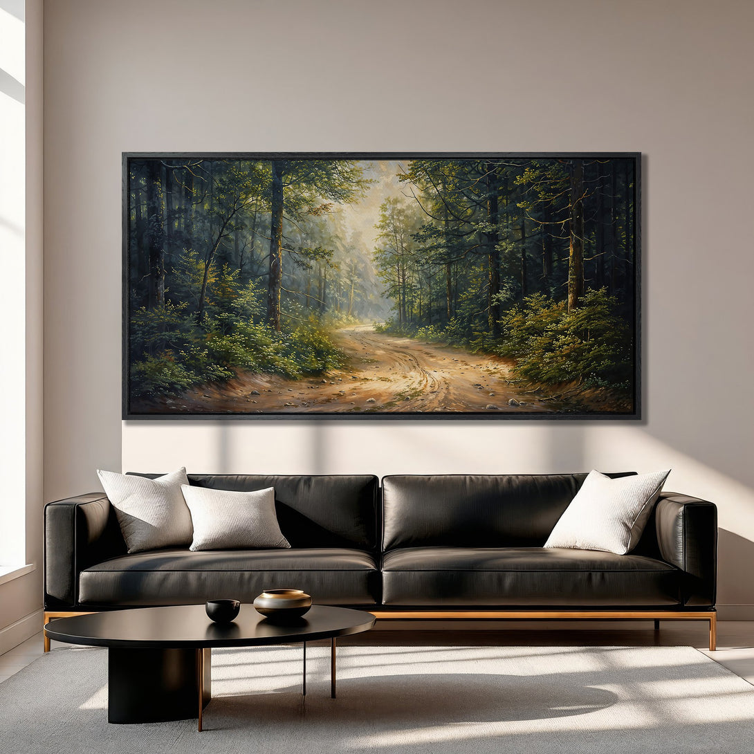 Framed Wall Art: Forest path canvas print in green and brown tones. Enhance your living room with this nature-inspired artwork.