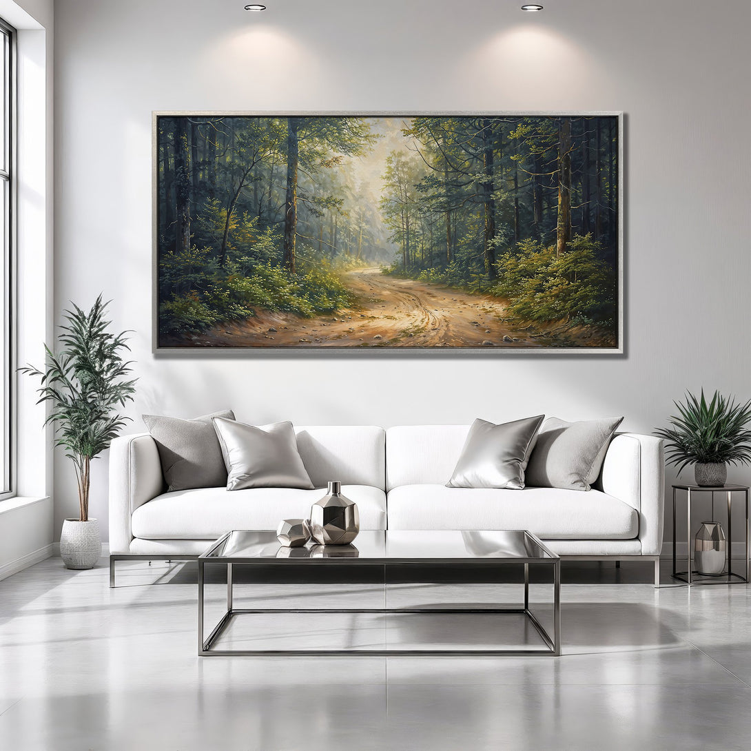 Framed Wall Art: Serene forest landscape painting in green and brown tones. Perfect for adding nature-inspired art to your home decor.