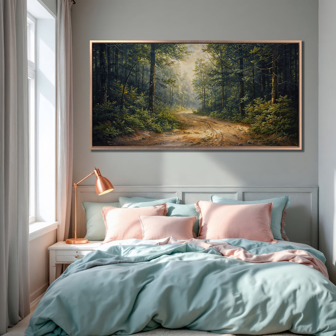 Framed Wall Art of a serene forest path in a bedroom. Earthy tones with green, brown, and gold hues. Perfect for adding nature's beauty to your space.