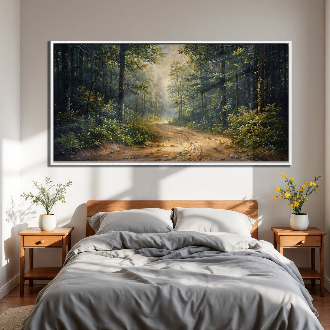 Framed Wall Art of a serene forest path. Earthy tones with green and brown hues create a calming aesthetic. Perfect for bedroom decor.