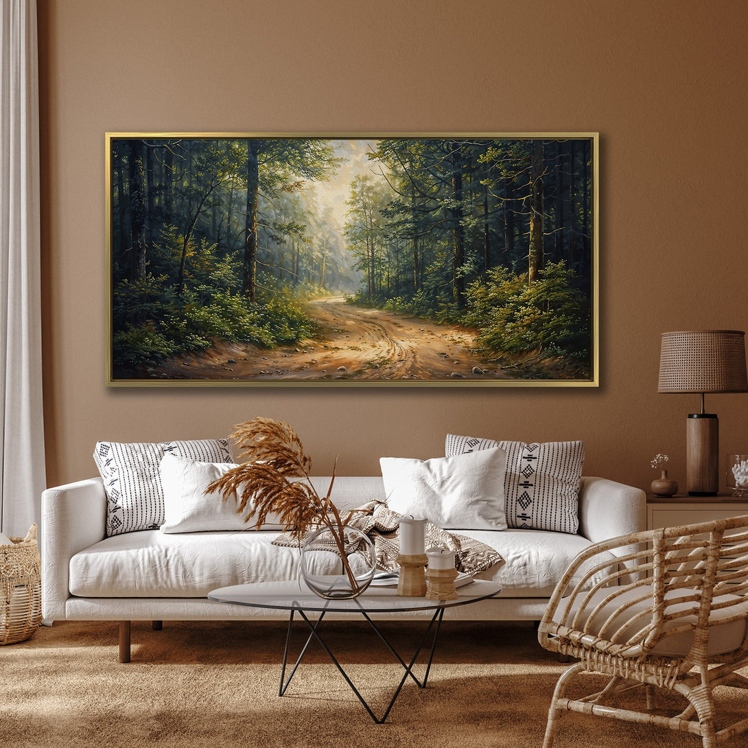 Canvas Print of a serene forest scene with a dirt road, showcasing a green and brown palette. Perfect wall art for a calming interior.