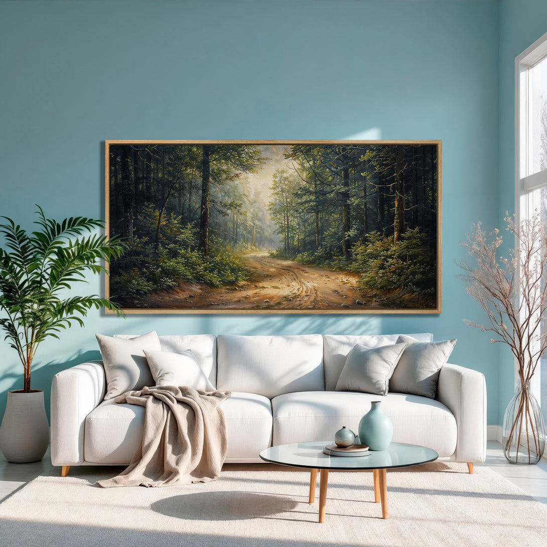 Framed Wall Art of a serene forest path in a warm, earthy palette. Enhance your space with this calming Canvas Print, featuring lush greens and inviting light.