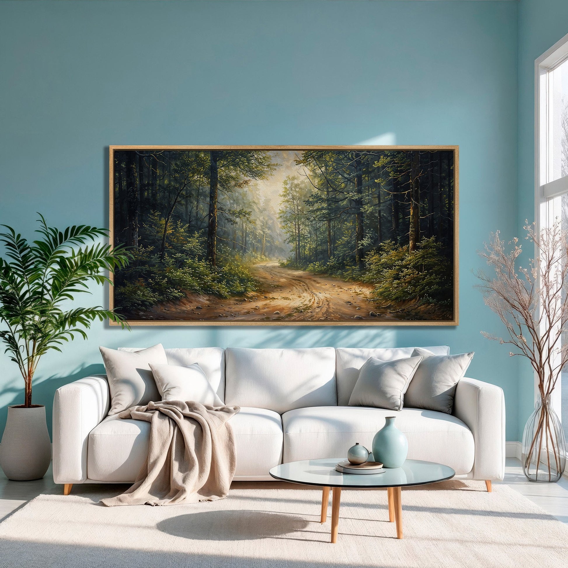 Tranquil Forest Path Canvas Print with Morning Mist