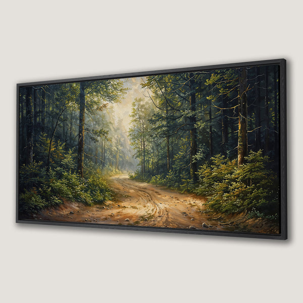 Framed Wall Art: Serene forest road canvas print. Earthy tones & lush greens evoke a peaceful, natural landscape. Perfect for adding a touch of nature's beauty to any room.