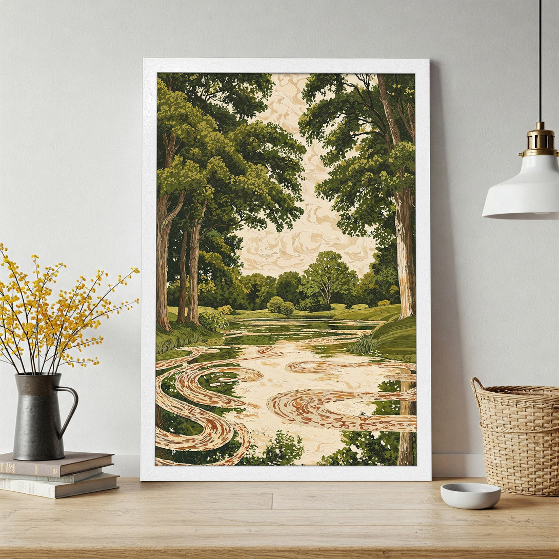 Framed Poster of a serene landscape with a river, featuring a vintage style and a natural color palette of greens, browns, and beige.