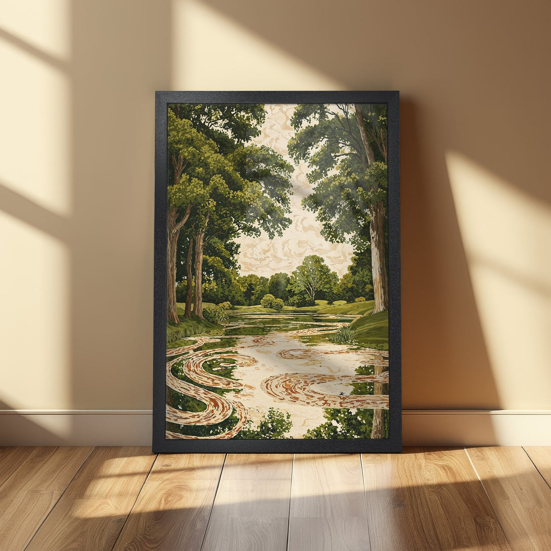 Framed Poster featuring a serene river landscape with trees, in a vintage style, showcasing a green and beige color palette.