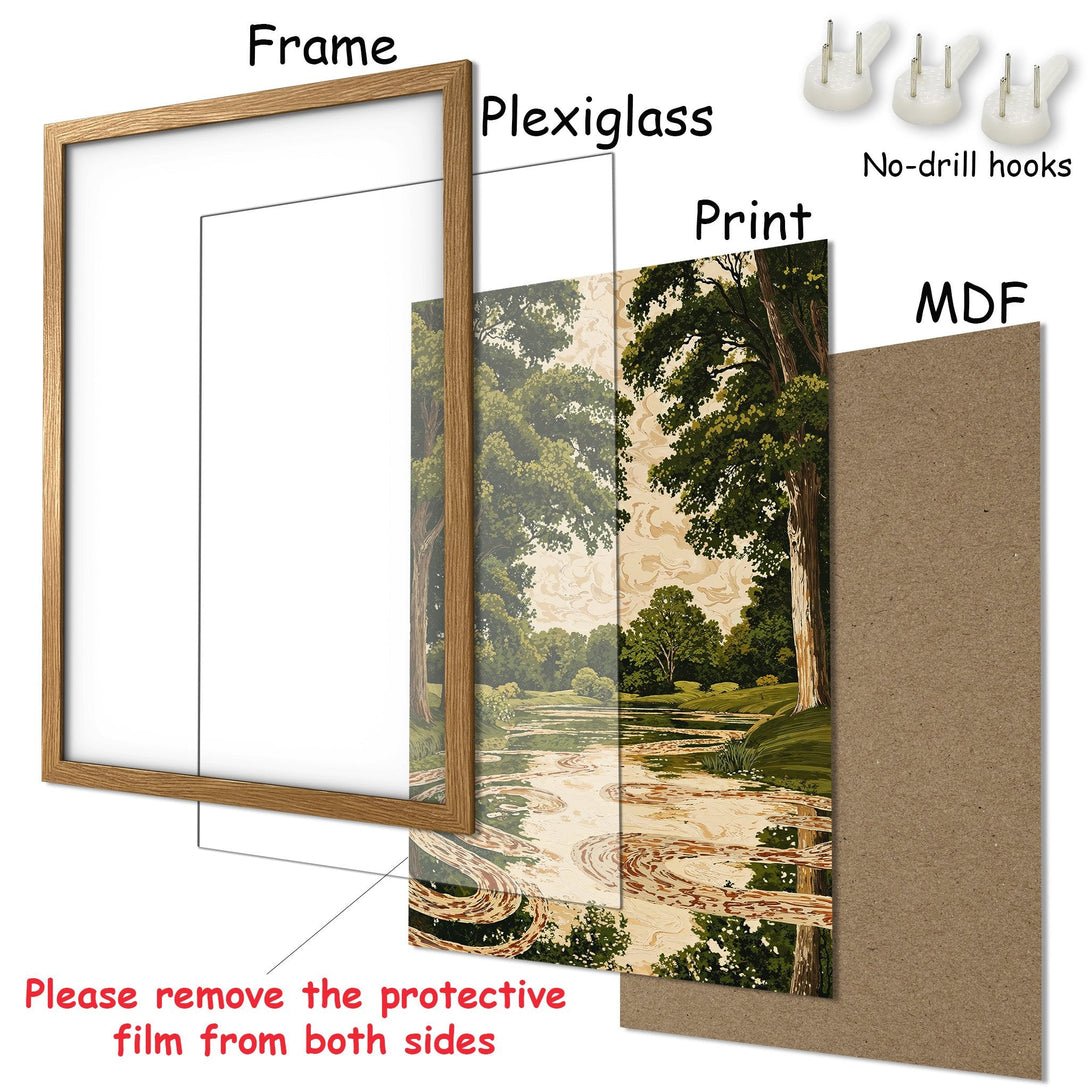 Framed Poster featuring a serene landscape scene in green and beige tones. Perfect art for any room!