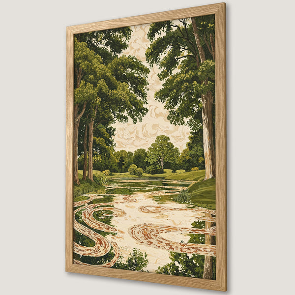 Framed Poster featuring a serene landscape with a river, trees, and a warm color palette. Perfect wall art for any room!
