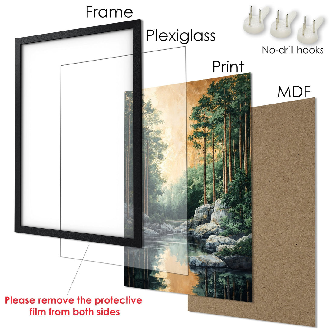 Framed Poster of a serene forest landscape with a warm color palette. Perfect wall art for your home!