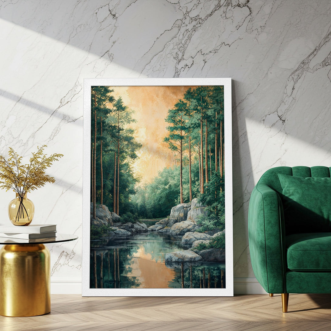 Framed Poster of a serene forest landscape in green and gold tones. Perfect art for your home!