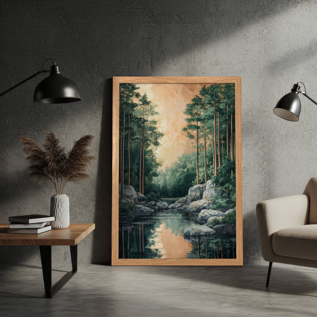 Framed Poster featuring a serene forest landscape in a muted green and beige palette. Perfect wall art for a calming atmosphere.