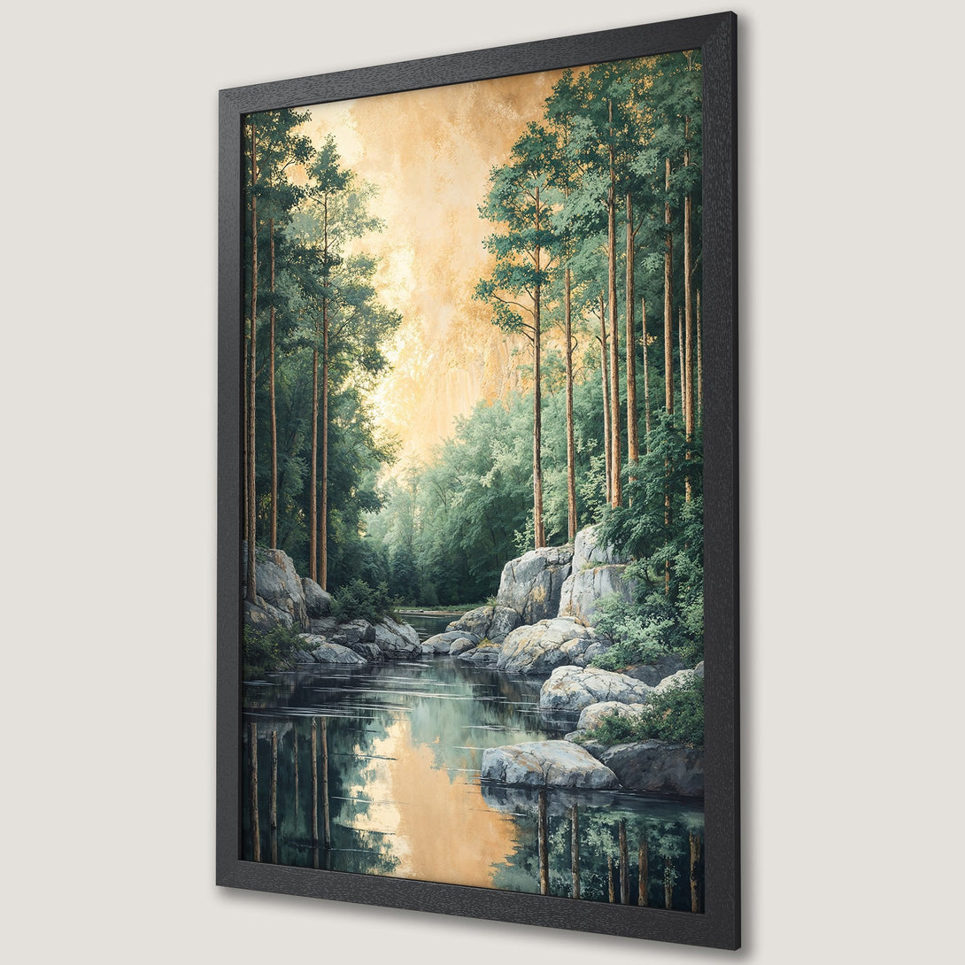 Framed Poster of a serene forest landscape with a river, featuring a naturalistic style and a calming green and gold color palette.