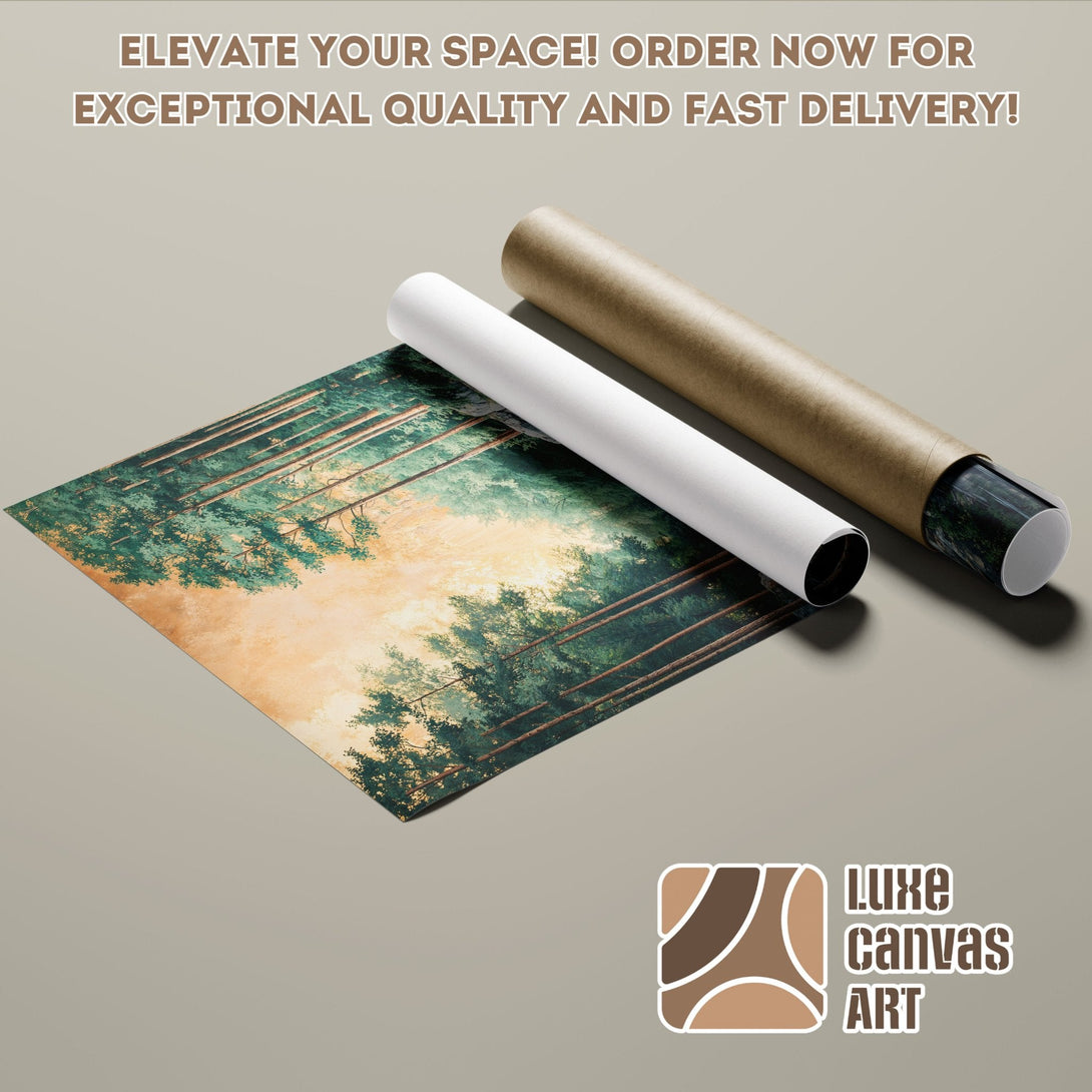Poster Roll featuring a forest scene, with a warm, earthy color palette. Elevate your space with art!