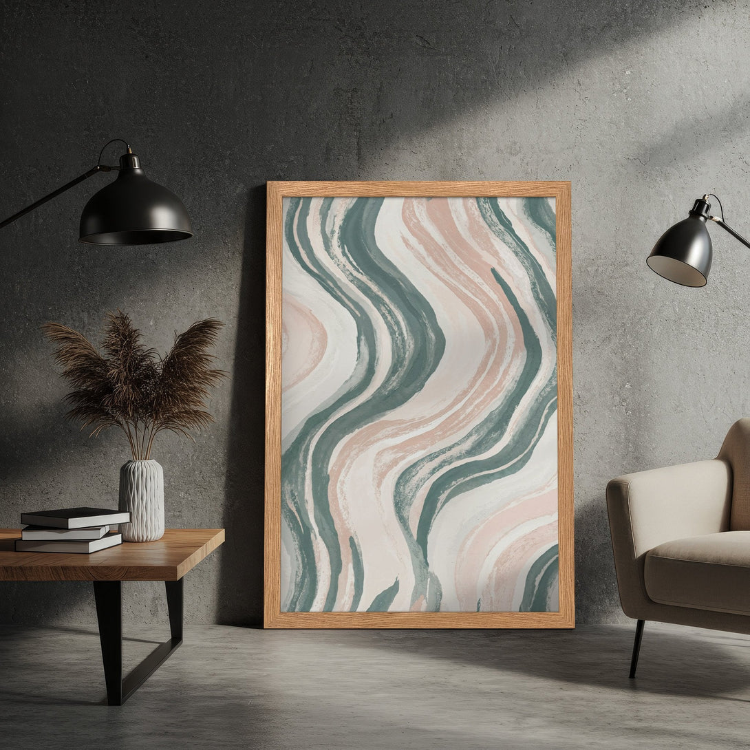 Framed Poster with abstract wave art in soft pink, green, and white. Modern wall decor for your home.