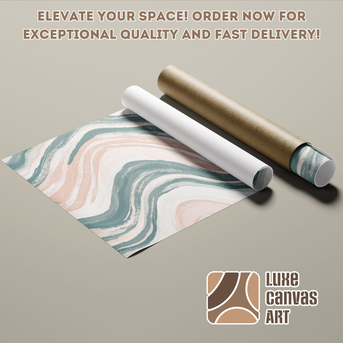 Abstract art poster roll in teal, pink, and white. Elevate your space with this beautiful Poster! Order now for fast delivery!