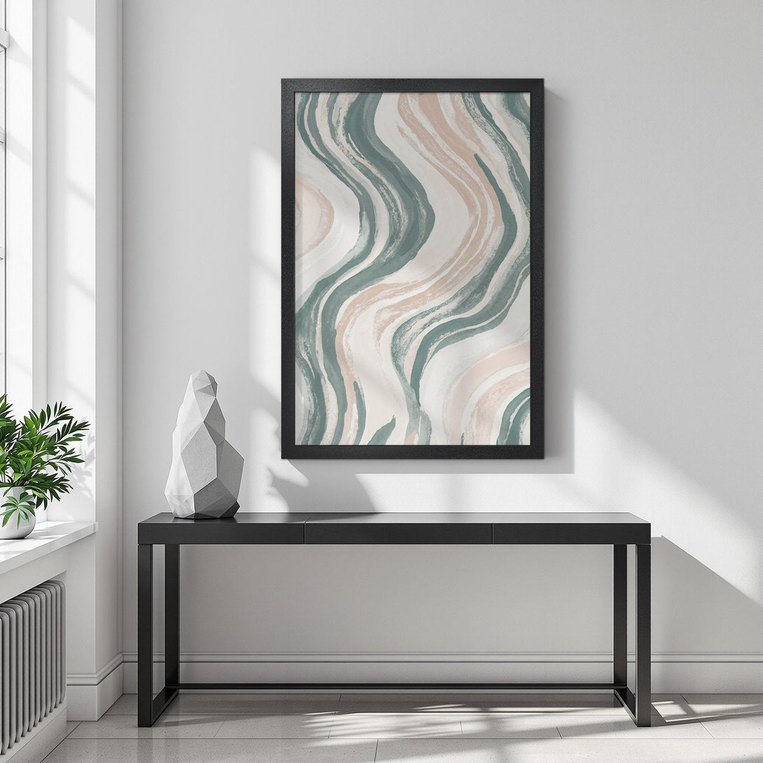Framed Poster with abstract wave art in muted green and blush tones, perfect for modern home decor.