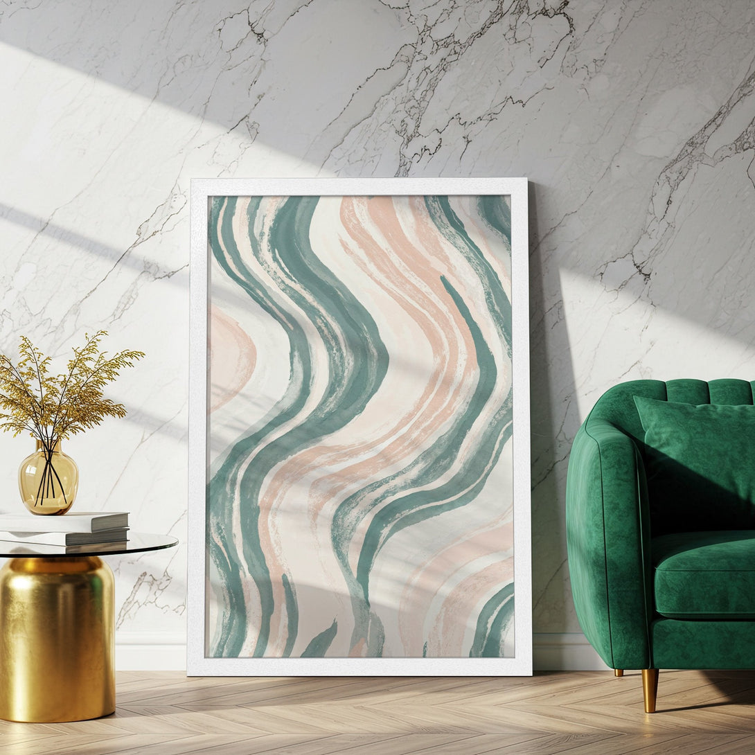 Framed Poster featuring abstract brushstrokes in teal and blush tones. Modern art print for stylish home decor.