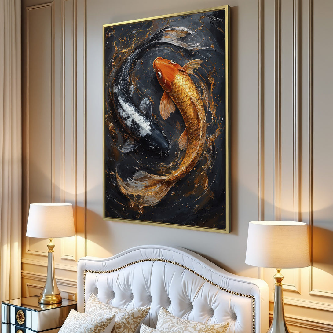 Canvas Print featuring koi fish in a modern, abstract style. Dark, moody color palette with gold accents. Perfect for living room decor.